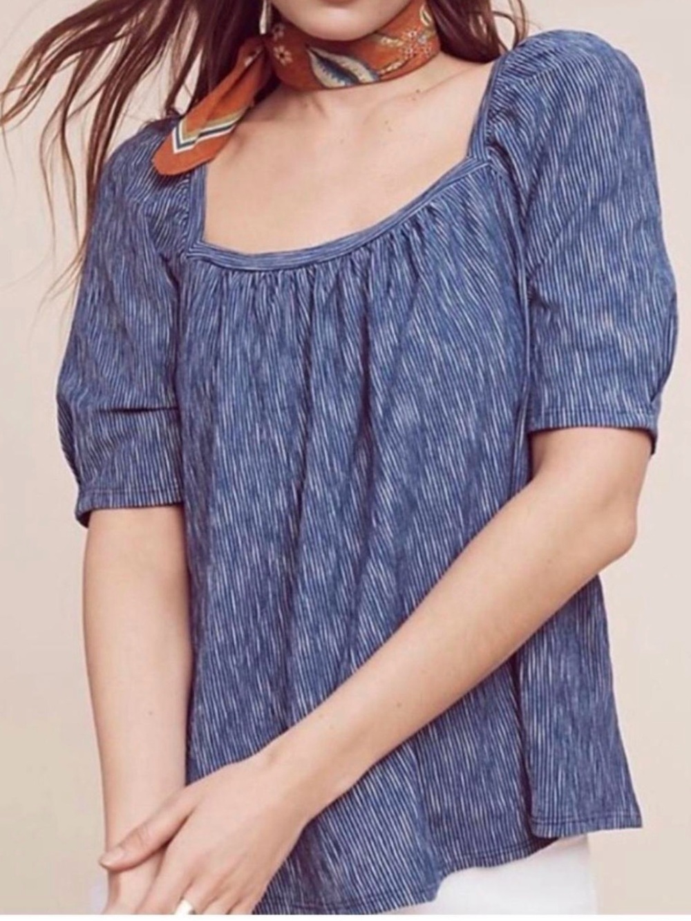 Anthropologie Blue Striped Square-Neck Puff Sleeve Top